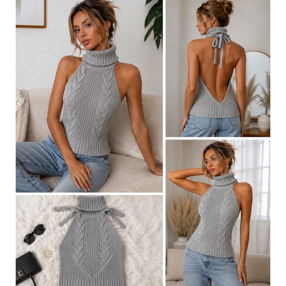 Virgin Killer Sweater Womens One Size Gray Cable Knit Backless Halter Turtleneck